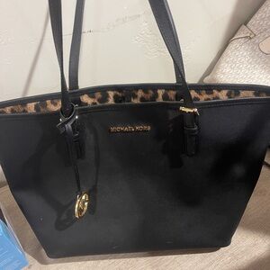 Michael Kors Black and Leopard Trim Tote